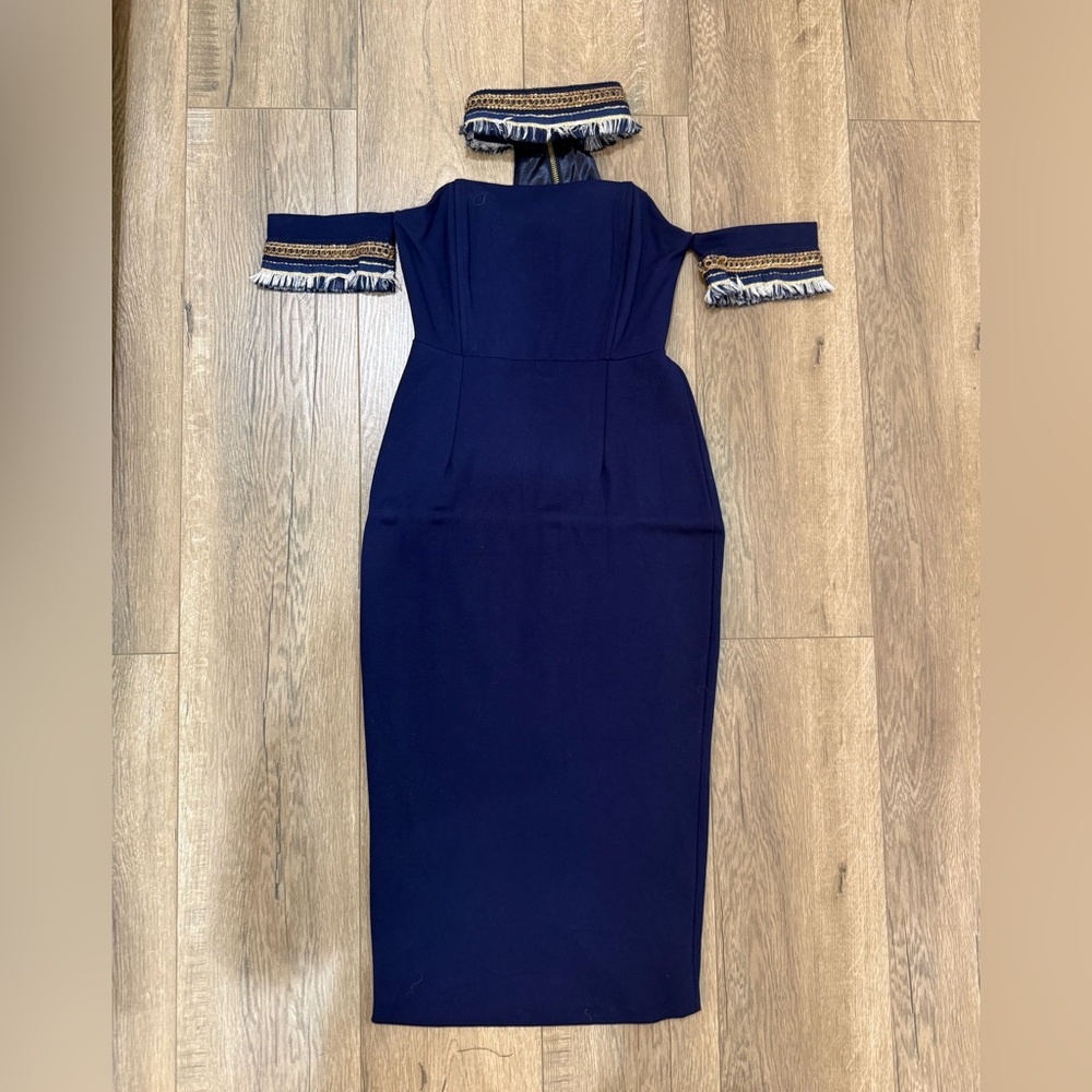 Eliya the label navy blue dress with Gold Fringe